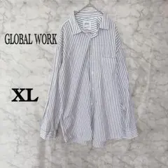 グローバルワークストライプシャツ XL ブルー ホワイト オーバーサイズ 長袖