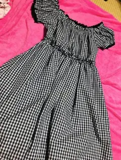 ギンガムチェック 膝丈ワンピース❤️M可愛い紺色