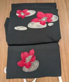名古屋帯 黒地 花文様 織り出し アンティーク　作り帯二部式のサムネイル