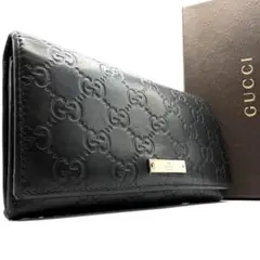 極美品✨グッチ 長財布 GG シマ レザー ブラック ゴールド ロゴプレート
