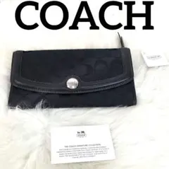 コーチ　ブラック　レザー　キャンバス　シグネチャー　ロゴ　ボタン　長　財布
