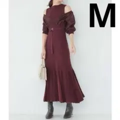 MERCURYDUO 異素材ドッキングワンピ ボルドー フレア 肩開き 細見えM