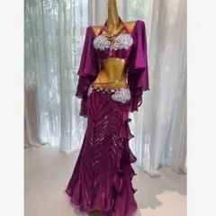 ベリーダンス衣装 宝石ブルービジュー舞台ドレス ブラベルトスカートセット ブルー