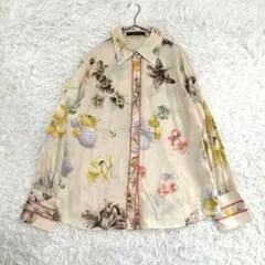 美品✨LEONALD レオナール 長袖 ブラウス 総柄 トリム 洗える◎ 2XL