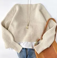 美品⁑スピックアンドスパン　ウールカシミヤ 畦ショートニット　ドルマン　ベージュ