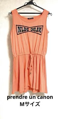 オレンジ色ノースリーブフレア ワンピース Mサイズ ロゴ ミニ丈〜膝丈 リボン