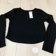 【新品】黒 リブ編み クロップド 長袖 トップス　Ｌサイズ ブラック　人気