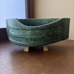 瀬戸焼 織部釉 花器 水盤 花道 舟形 昭和中期 約60年前 生け花