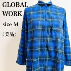 グローバルワーク タータンチェック コットンネルシャツ 長袖ロング丈 ブルー