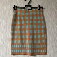チェックスカート　オレンジ　水色　春夏　オールシーズン　ニット