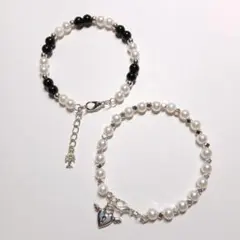ブラック ホワイト パールブレスレット 2本セット ハンドメイド