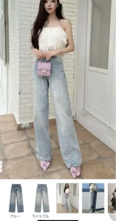 新品未使用　XSサイズ　ビジューストレートデニムパンツ　デニム　ボトムス