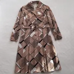 レトロ 昭和 ワンピース ブラウン プリーツ ビンテージ 膝丈 総柄 上品 長袖