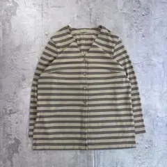 【美品】大人カジュアル Vネック ボーダー カーディガン ベージュ M コットン