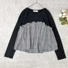 ウェアーズインク　フリル付き長袖トップス　異素材　ブラック×グレーチェック　F
