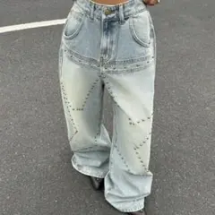 Muchica ダメージ加工 ワイドレッグデニム