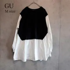 【GU ジーユー】レイヤード風 チュニックワンピース M ブラック×ホワイト