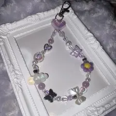 【ハンドメイド】お花とリボンのオーロラビーズストラップ／パープル