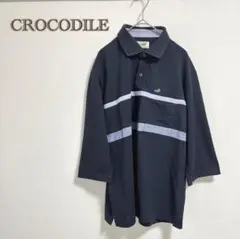 【CROCODILE】ポロシャツ　クロップド　紺【M】七分袖　マルチボーダー