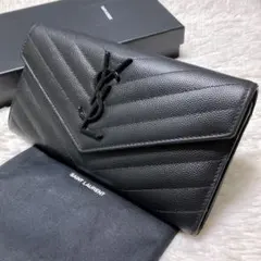 ♡希少♡サンローラン 長財布 フラップ キャビアスキン ブラックロゴ レザー