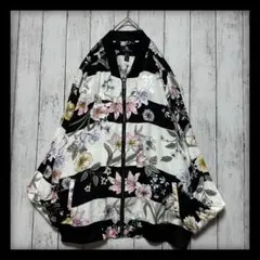 【総柄ブルゾン☆ナイロンジャケット】80s 90s☆刺繍☆花柄☆白　黒　M〜L