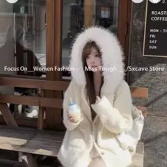 韓国フェイクファーコートフード付き女性長袖スリムニット ホワイト