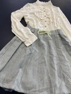 アクシーズファムフリルドッキング千鳥柄ワンピースミントグリーンベロア編上げリボン