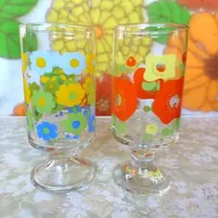 昭和レトロ 佐々木硝子 脚付きコップ レトロポップ グラス 花柄 2個