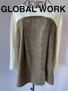 GLOBAL WORK 長袖 トップス 厚手 カットソー 白 茶 チェック柄 L