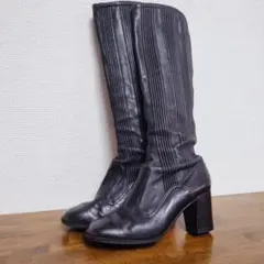 イタリア製 ヴィンテージ リブ本革レザー ロングブーツ 黒 33 約22cm