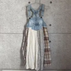 【古着】ジャンパースカート パッチワーク ワンピース デニム チュニック レース