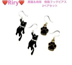 ❤️黒猫＆肉球　樹脂フックピアス2ペアセット ❤️
