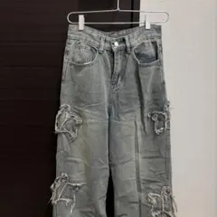 Y2K ダメージ加工 星 ストレートデニムパンツ