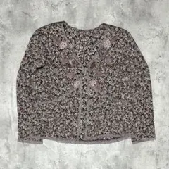 【美品】小花柄 刺繍 カーディガン長袖 ショート丈 エレガント 春　レトロ　古着
