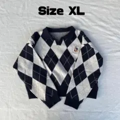 アーガイル ニット セーター レディースXL ネイビーブルー 長袖 襟付