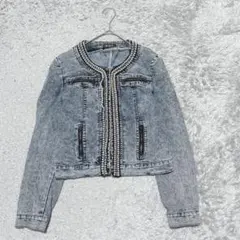 n.o.t. クロップドデニムジャケット長袖パール装飾付き［M］ブルー系