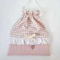 ヌビ　いちご柄②　　巾着・コップ袋 入園　入学　ゆめかわ