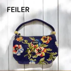 FEILER ハンドポーチ ハンドバッグ シュニール織 綿 花柄 フラワー 青