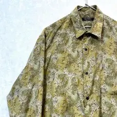 デザインシャツ　総柄　ヴィンテージ　レトロ　アート　奇抜　カーキ　抽象的　長袖
