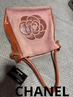 CHANEL シャネル エナメル スエード カメリア ハンドバッグ イエロー