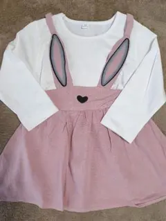 キッズ　ウサギ耳付きワンピース　100 ピンク