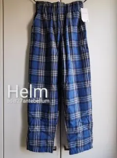 新品Helmブルーチェック柄イージーパンツM青色カジュアルパンツウエストゴム仕様