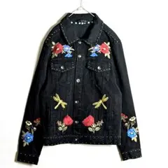 ZARA/フラワー刺繍/スタッズ付きデニムジャケット/コットン/ブラック/古着