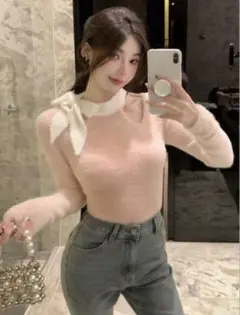 DAZY リボン付きピンクニット