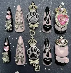 中古品 黒×ピンク 量産型 地雷系 ネイルチップ