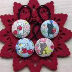 猫　ねこ　ネコ　フルーツ　花柄　くるみボタン　ヘアゴム27mm4個セット