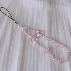 ハンドメイド ビーズ ストラップ ロング クリア カラー ピンク 花 リボン