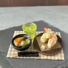 ミニチュアフード　ハンドメイド　きつねうどん　天ぷら3種　冷たい緑茶　セット