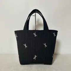 ヌビ　手さげトートバッグ（ブラック×ホワイトリボン）ハンドメイド