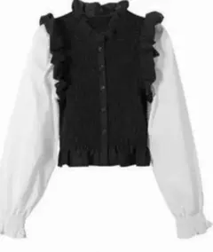 新品未使用♡ZARA シャーリングブラウス フリル付き黒白長袖シャツ M